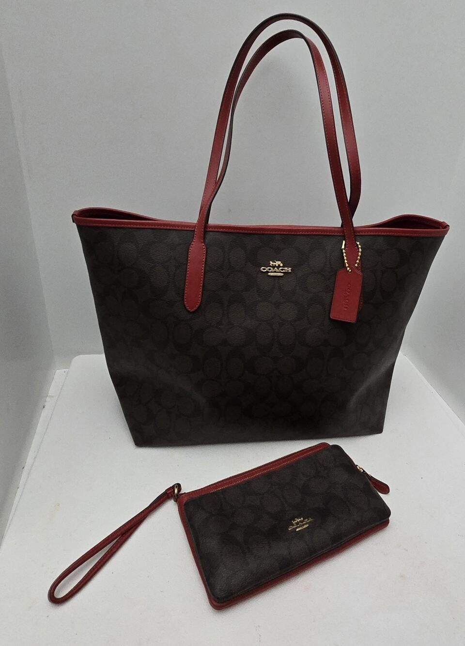 Coach City Tote Bag Signature Canvas Brown/Red Trim F5696 + Double zip wristlet